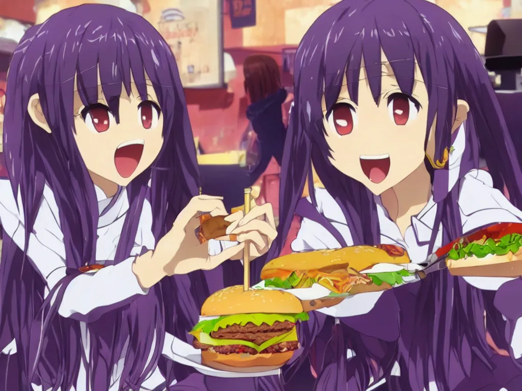 Image similar to yuuki konno from sword art online eating a big burger and being happy, purple hair, High Definition detail, 8K, anime