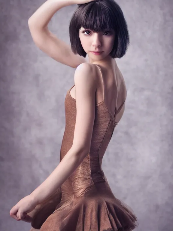 Image similar to hyperdetailed photo of a beautiful ballerina girl with brown eyes and dark bob hairstyle, winds of winter, in a tight dress, cinematic lighting, studio quality