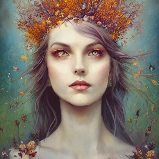 Prompt: fine art photo of the beauty goddess louisa rose allen, she has a crown of dried flowers, by peter mohrbacher