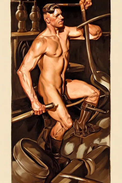 Image similar to muscular sweaty male blacksmith, forgehouse painting by j. c. leyendecker, tom of finland