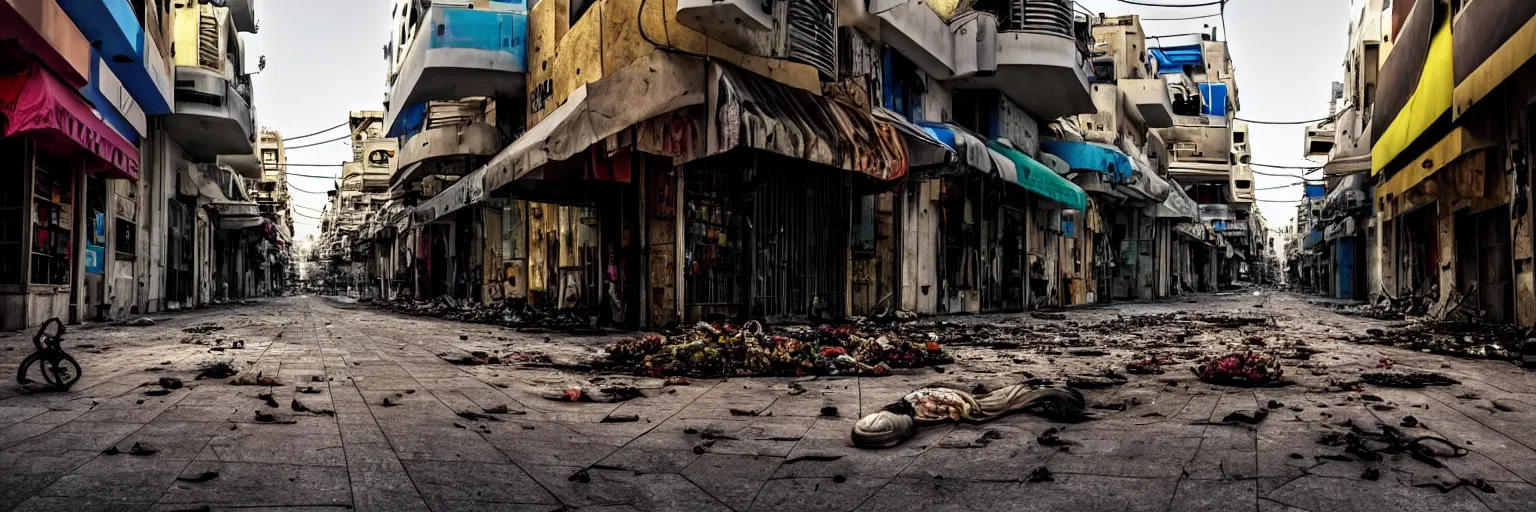 Image similar to sad and disturbing photo of the empty streets of tel aviv, israel, rotting, summer, morning, vivid colors, neon, art by gregory crewdson and artgerm and wlop and william - adolphe bouguereau