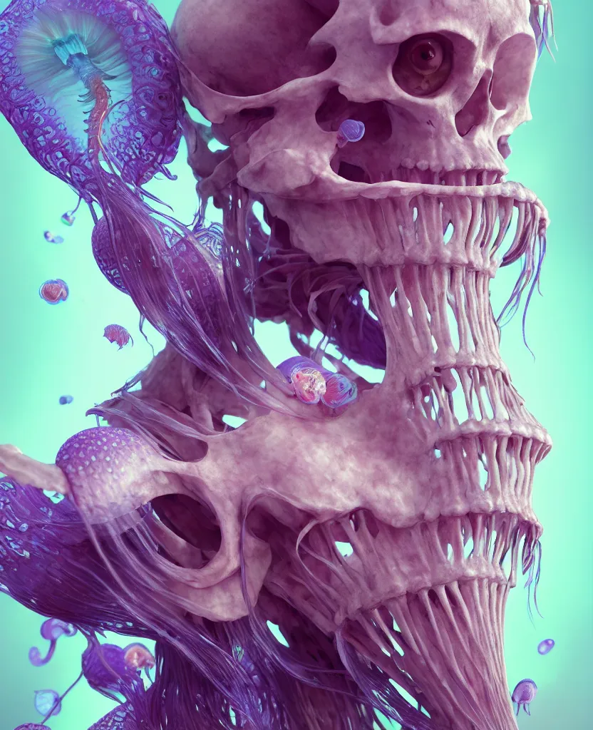 Image similar to goddess close - up portrait human skeleton, ram skull, jellyfish, orchid, betta fish, bioluminiscent, intricate artwork by tooth wu and wlop and beeple. octane render, trending on artstation, greg rutkowski very coherent symmetrical artwork. cinematic, hyper realism, high detail, octane render, 8 k