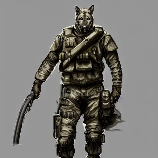 Image similar to full body of a humanoid german shepherd beast - man in military style, highly detailed portrait, digital painting, artstation, concept art, smooth, sharp foccus ilustration, artstation hq