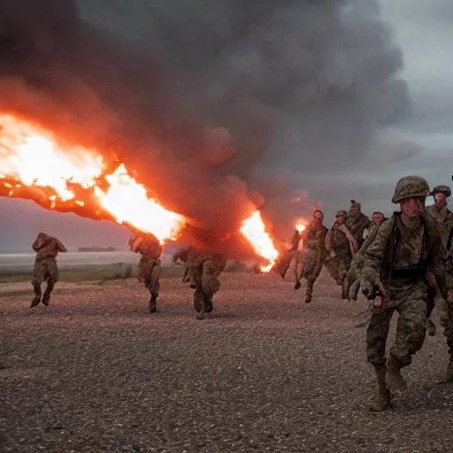 Image similar to soldiers running at the camera during normandy beach landing with fiery explosions and debris in the style of the movie lone survivor, gritty, 4 k, cinematic lighting,