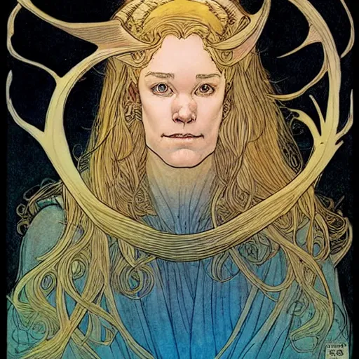 Image similar to a beautiful portrait of sanna!!!!! marin!!!!!, the young female prime minister of finland as a druidic wizard by rebecca guay, michael kaluta, charles vess and jean moebius giraud