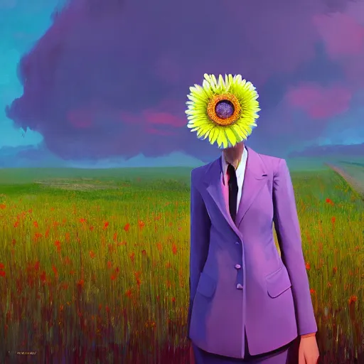 Prompt: giant daisy flower head, frontal, girl in a suit standing on street, surreal photography, sunrise, dramatic light, impressionist painting, digital painting, artstation, simon stalenhag