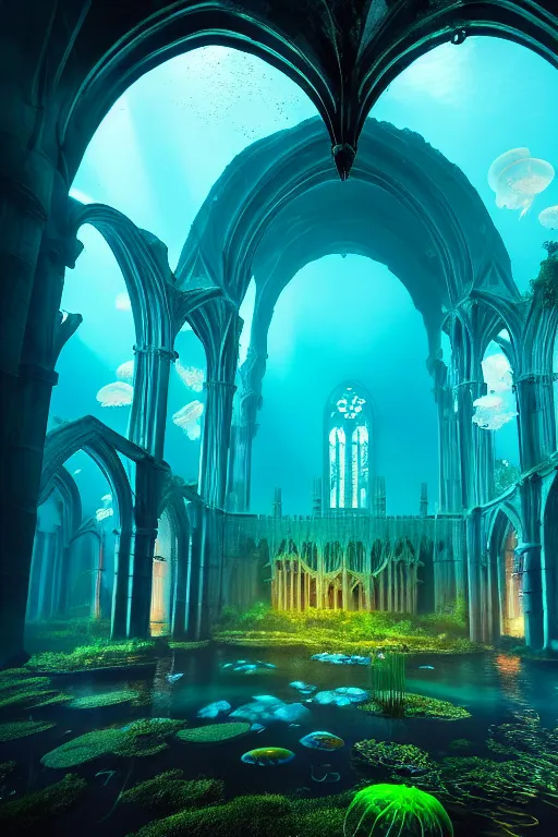 Image similar to high quality photo of cinematic underwater dystopian neo - gothic cathedral ruins with giant luminescent colorful aquatic plants and jellyfish, digital art masterpiece, aykut aydogdu eric zener, dramatic volumetric light, long shot, low angle uhd 8 k, sharp focus