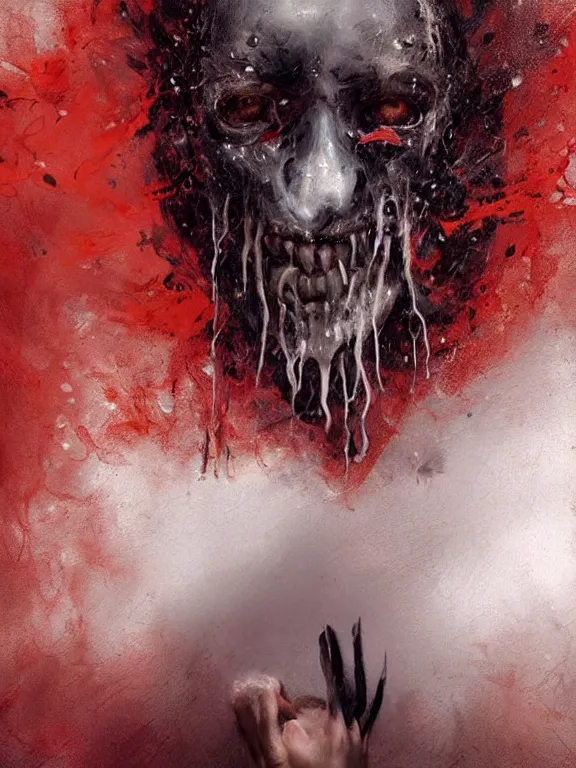 Prompt: painting by greg rutkowski of a flying sorrowful looking severed human head with tears running down it's eyes, face that is chalk white in color, with long sprawling white tentacles stemming down it's neck, fiery scorching red eyes, flying in a terrying hellish dark cavernous place