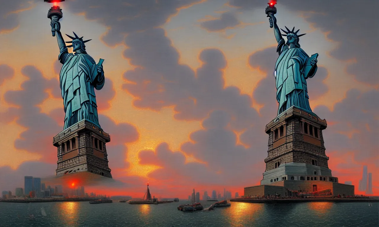 Image similar to statue of liberty with a cycloptic robot head looking over the harbor, by asher brown durand, trending on artstation, 8 k resolution, red lights, cyberpunk, demonic symbols