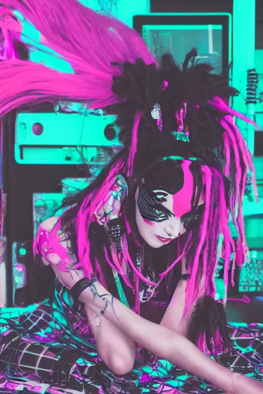 Image similar to portrait of an cybergoth girl with pink and black dreads laying on the floor of her room on ipad, by laia lopez, vaporwave colors, lo - fi colors, vaporwave, lo - fi, moody vibe, goth vibe, 4 k, hd,