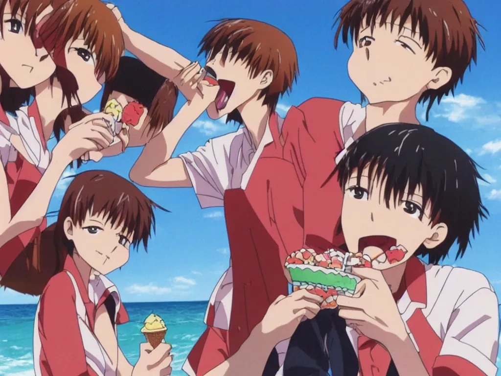 Image similar to two teenagers eating ice cream, on a beach, still from evangelion anime