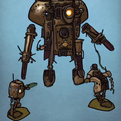 Image similar to a high fantasy WW1 experimental combat mech attacking an enemy tank in the style of desielpunk/steampunk/decopunk