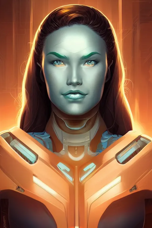 Prompt: head and shoulders female cyborg portrait, design by lois van baarle by sung choi by john kirby artgerm style pascal blanche magali villeneuve