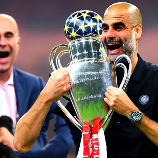 Prompt: High quality front photo of Pep Guardiola lifting a champions league trophy