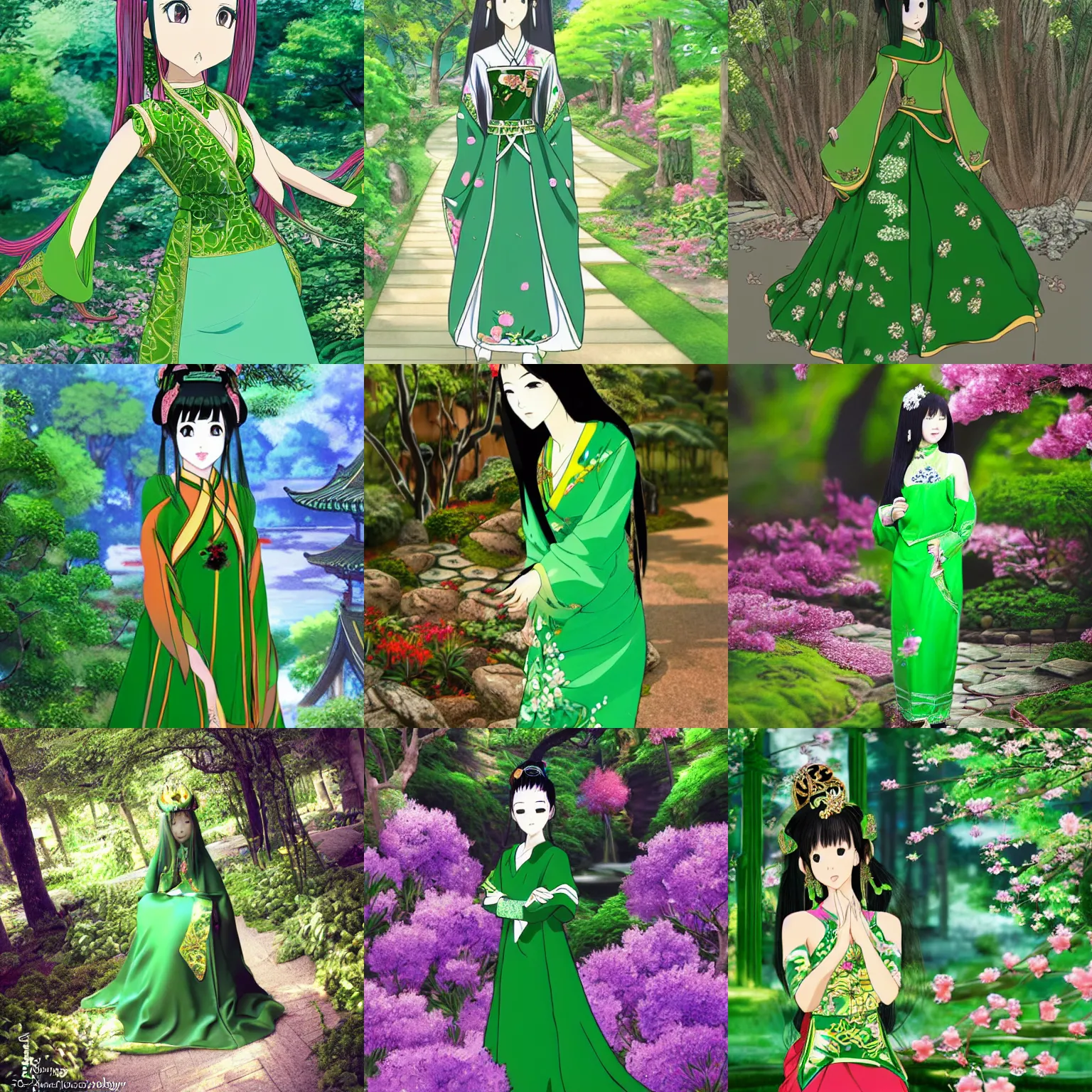 Prompt: East Asian Princess wearing a Green dressin the Shany Garden, Anime style, hyper realistic