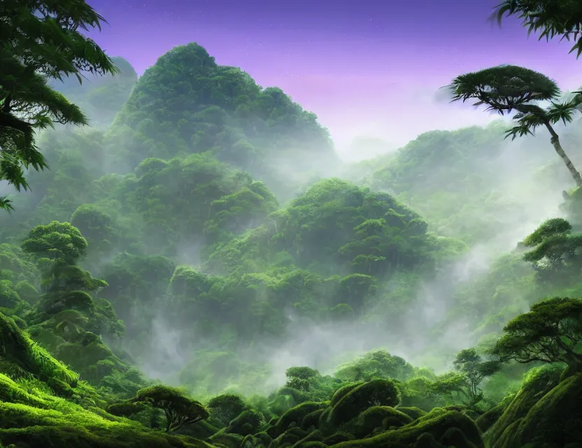 Prompt: a cinematic widescreen photo of a winding path to epic ancient japanese temples with hot springs on the top of a mountain in a misty bamboo cloud forest with colossal waterfalls at dawn by studio ghibli and roger dean, terraced, mystical, trending on artstation