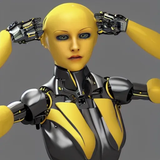 Prompt: womanized humanoid robot made of steel, yellow eyes!, beautiful face, short blue hair!!, big breasts, anatomically correct, futuristic, glowing details, symmetrical, unreal engine, ray tracing, 8 k, uhd, ultrarealistic, clear, sharp, highly detailed