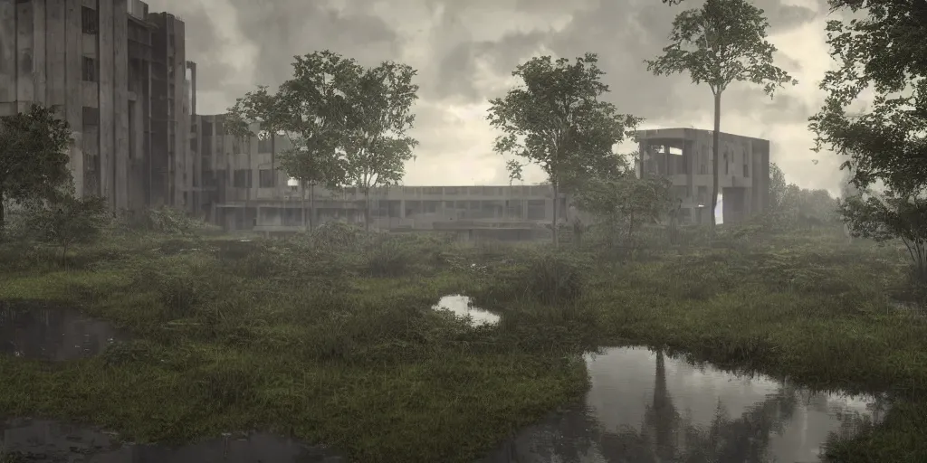 Image similar to brutalist architecture abandoned hospital, surrounded by lush green forest and murky ponds of water, stunning volumetric lighting, sundown, stunning skies, trending on Artstation, 8k, photorealistic, hyper detailed, unreal engine 5, IMAX quality, cinematic, epic lighting, cryengine, octane render, gloomy, foggy, dark