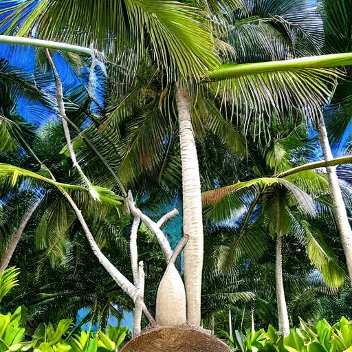 Prompt: a tropical coconut tree merging into more trees to create one super coconut tree of life that generates a coconut as large as the world to create a new species award winning