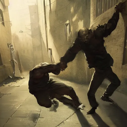 Image similar to original masterpiece artwork of 2 men choking each other during a fight in an alleyway by greg rutkowski and drew strewzan, horror, crime, hyperrealistic, octane render, exciting pose, dynamic lighting