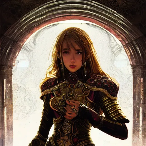 Image similar to portrait knights of Zodiac girl, metallic black and reddish color reflected armor, in ruined Agora of Athens, ssci-fi, fantasy, intricate, very very beautiful, elegant, golden light, highly detailed, digital painting, artstation, concept art, smooth, sharp focus, illustration, art by tian zi and WLOP and alphonse mucha