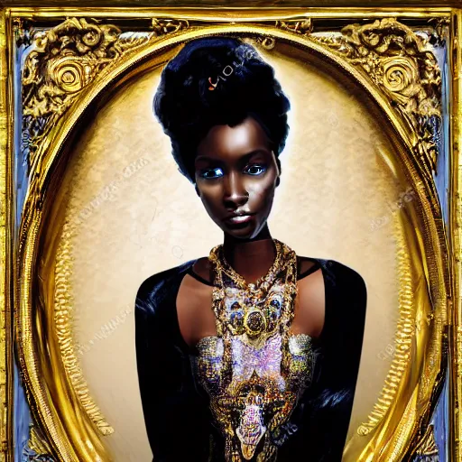 Image similar to hyperdetailed maximalist elaborate half - lenght portrait of a futuristic a beautiful black girl, wearing long clothing. rococo architecture, in the style of modigliani and mixed media collage. matte background hd 8 x