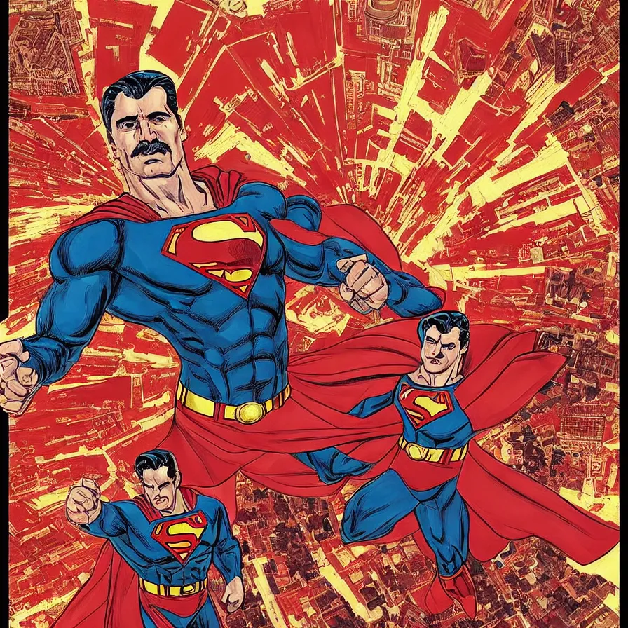 Image similar to epic comic book cover of stalin as superman floating over the red square ( moscow ), socialist realism, aesthetically pleasing, finely detailed facial features, hyperrealistic, intricate digital art, trending artstation, artgem, rich moody colors, fan art, concept art, in the style of the red son, by cory walker and ryan ottley