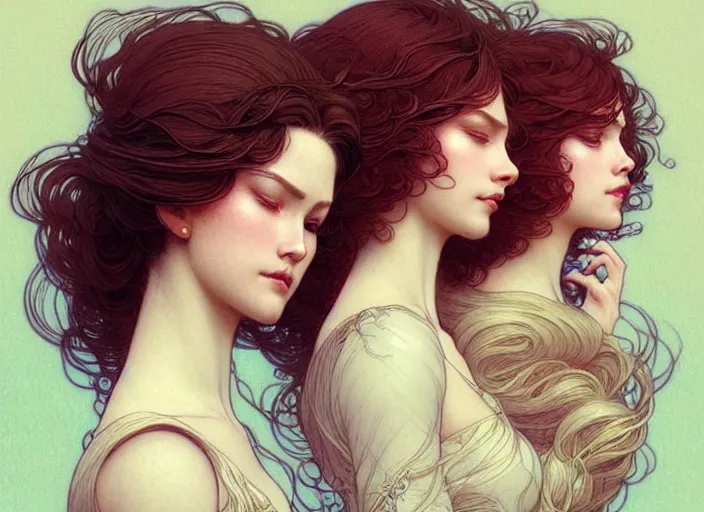 Prompt: portrait of 3 women with flowy hair, confident pose, pixie, genshin impact, intricate, elegant, sharp focus, soft bokeh, illustration, highly detailed, concept art, matte, trending on artstation, bright colors, art by wlop and artgerm and greg rutkowski, mucha, giger