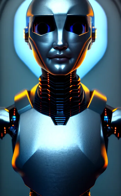 Prompt: friendly humanoid cyber robot, award winning, portrait bust, symmetry, faded colors, cypherpunk background, alan blackwell, masterpiece, trending on artstation, cinematic composition, beautiful lighting, hyper detailed!!!, 8 k, unreal engine 5