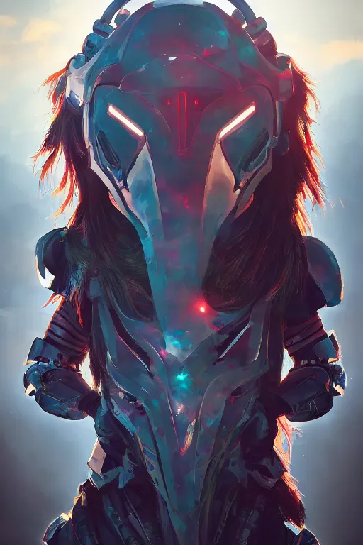 Image similar to combination suit armor aloy horizon forbidden west horizon zero dawn radiating a glowing aura global illumination ray tracing hdr fanart arstation by ian pesty and alena aenami artworks in 4 k tribal robot ninja mask helmet backpack