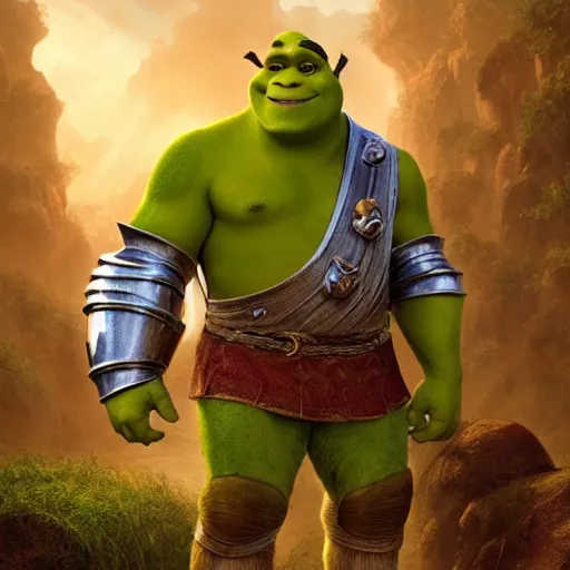 Image similar to shrek as a glorious devout shining powerful epic amazing awesome very handsome attractive muscular stylish knight in shining golden armor riding donkey, fantasy art, highly detailed, photorealistic, octane render, 8 k, unreal engine, art by artgerm and greg rutkowski and alphonse mucha