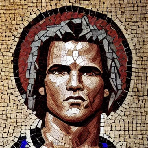 Image similar to ancient greek mosaic of young arnold schwarzenegger holding a big zelda sword