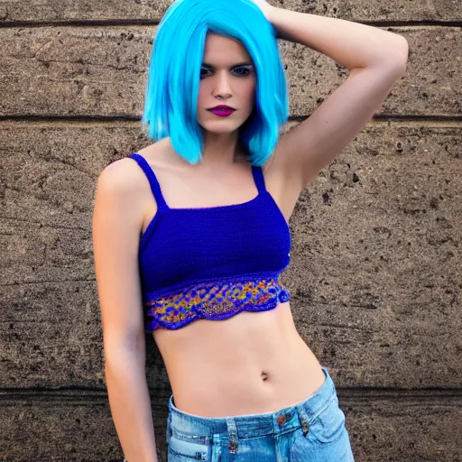 Image similar to a photo of a Caucasian female model with blue hair wearing a crocheted croptop