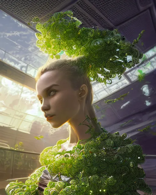 Image similar to beautiful solarpunk girl, scifi, futuristic, bright light, highly detailed, concept art, green plants, school, white building, flowers, utopia, sharp focus, trending on artstation, intricate, atmosphere, sunny, art by roman makarenko, dzung phung dinh