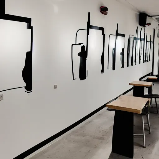 Image similar to photo of a minimalist white arcade with cafe tables, and retro art on the white walls