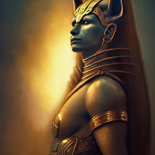 Image similar to Majestic gracious powerful Anubis female warrior portrait, atmospheric lighting, painted, intricate, volumetric lighting, beautiful, rich deep colors masterpiece, golden hour, sharp focus, ultra detailed, by Leesha Hannigan, Ross Tran, Thierry Doizon, Kai Carpenter, Ignacio Fernández Ríos