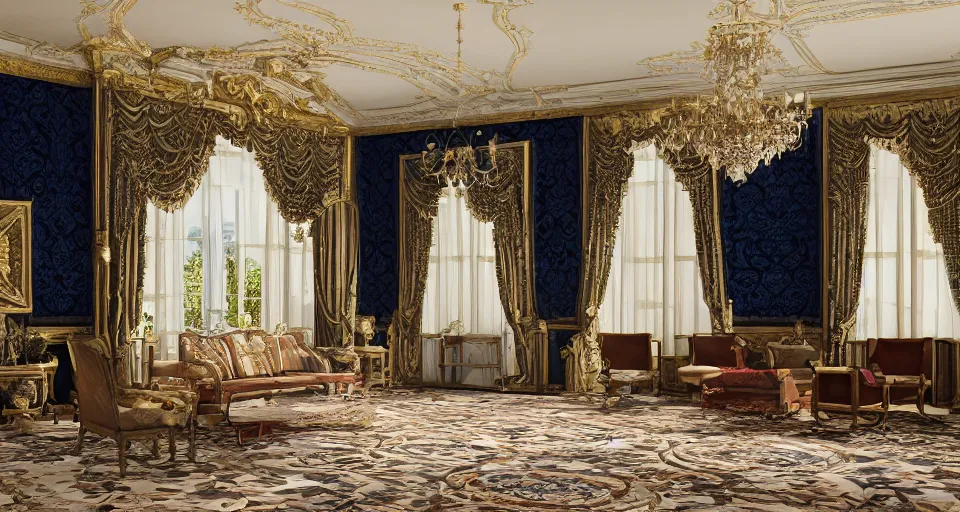 Prompt: view into an ornate baroque room with navy blue damask walls and mahogany floor, windows looking out at neatly manicured lawn and hedges, 8 k, octane render