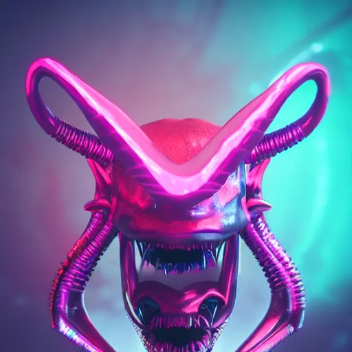 Image similar to synthwave demonic alien face with neon horns, detailed face, sharp focus, synthwave art, aesthetic, octane render, raw, cinematic