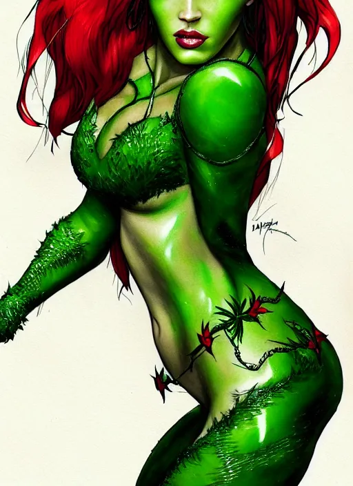 Prompt: concpet art, full shot, traditional ink, sketch, of megan fox as poison ivy, line sketch, intricate, elegant, highly detailed, monochrome, digital painting, artstation, concept art, green, black, red ink sharp focus, illustration, art by borderlands 3 and peter polach
