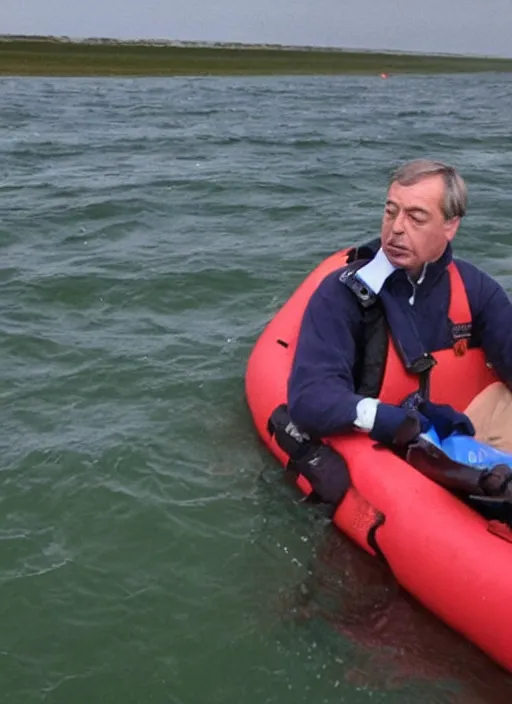 Prompt: Photograph of Nigel Farage crossing the British Channel in a sinking dingy, drowning, realistic, high quality, photography