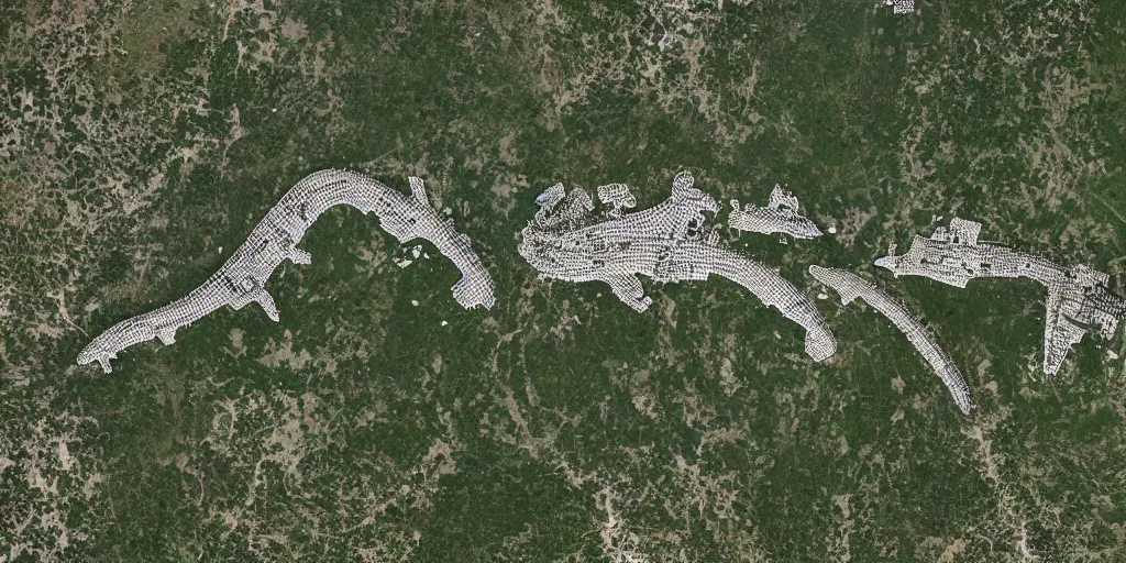 Image similar to satellite view of a town shaped like an alligator