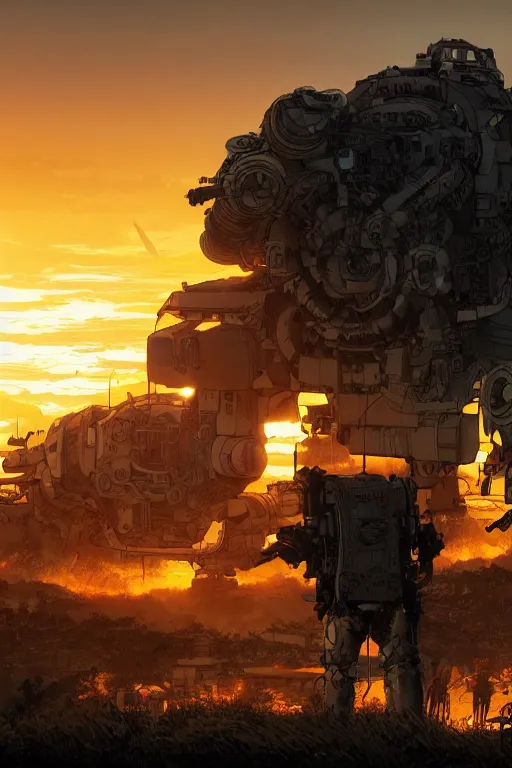 Image similar to A real photo of a Mechanical War-Bear and the sunset in the distance, by Josan Gonzalez, Yoji Shinkawa and Geof Darrow, highly detailed, Unreal Engine Render, 3D, 8k wallpaper