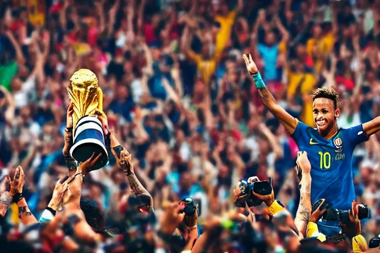 Prompt: neymar jr lifting the world cup, cinematic, dramatic, color grading, photojournalism, colorful, highly detailed