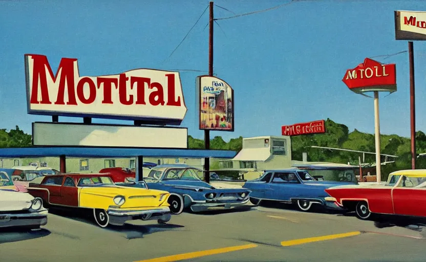 Image similar to 1 9 6 0 s americana painting of a motel and motel sign with cars parked outside by norman rockwell