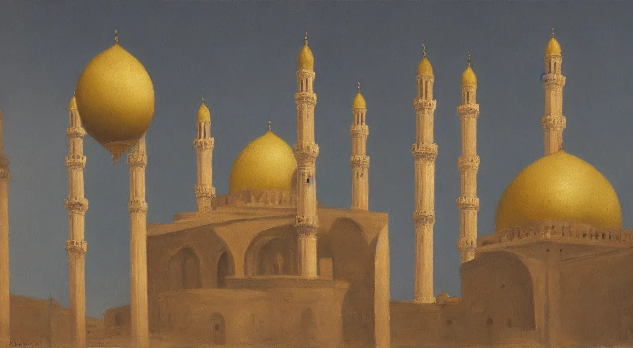 Prompt: An old mosque with huge dome and tall minarets on Venus, oil painting,