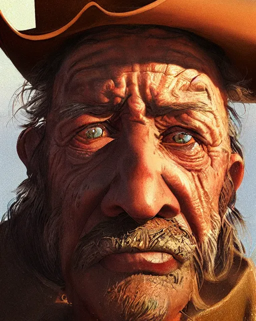 Image similar to a film still extreme close - up shot of an old cowboy outlaw in a desert by esao andrews. trending on artstation