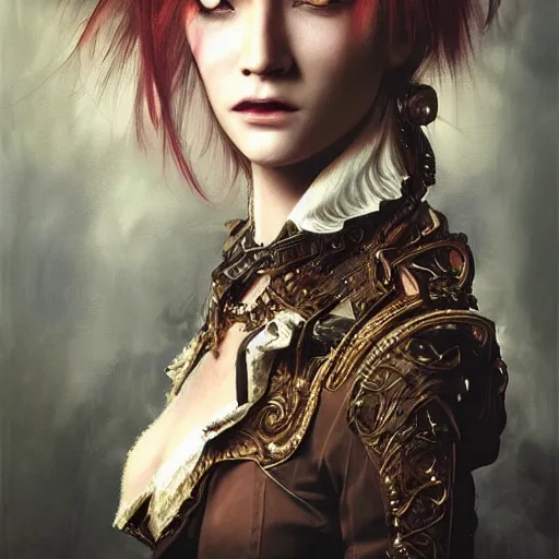 Image similar to portrait, headshot, insanely nice professional hair style, dramatic hair color, digital painting, of a old 17th century, old cyborg merchant, amber jewels, baroque, ornate clothing, scifi, realistic, hyperdetailed, chiaroscuro, concept art, art by Franz Hals and Jon Foster and Ayami Kojima and Amano and Karol Bak,