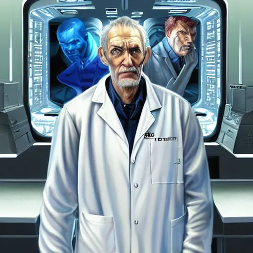 Image similar to marvel comic book style portrait painting of an old short thin man with a thin mean face, wearing a futuristic lab coat, standing in front of a computer simulation, sci - fi, intricate, elegant, highly detailed, digital painting, artstation, concept art, matte, sharp focus, illustration, art by artgerm and greg rutkowski and jim burns and alan lee