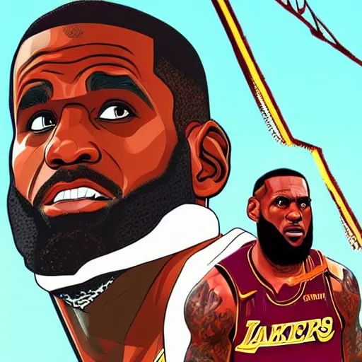 Prompt: lebron james in gta v cover art, art by stephen bliss, sharp details, sharp focus