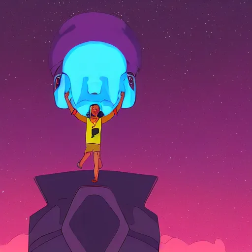 Prompt: a young mixed race male explorer wearing a futuristic headpiece who is standing on top of a giant head of a statue in the style of max prentis and moebius and murton.arts, highly detailed, 8k wallpaper, adventure time colour palette
